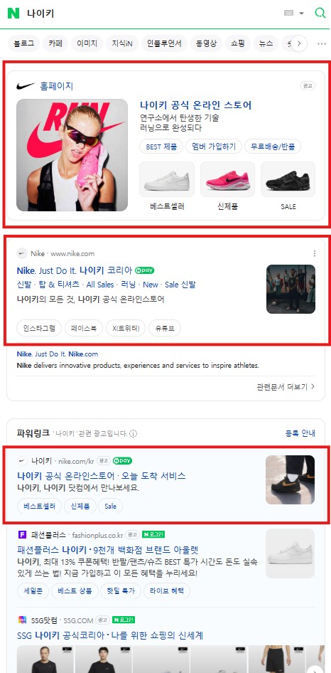 나이키의 네이버 통합 검색 화면