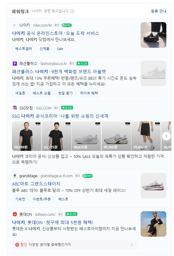 나이키의 네이버 파워링크 광고 상황