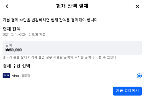 페이스북 비즈니스 잔액 결제 화면