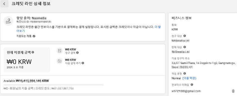 페이스북 비즈니스 파트너 크레딧 라인 상세 화면